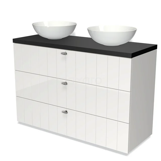 White bathroom unit with black top, double round basins and three drawers, modern design, perfect for bathroom storage.