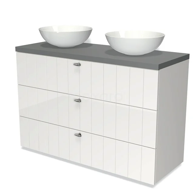 White wooden bathroom unit with three drawers, grey worktop and double round basins, ideal for modern bathrooms.