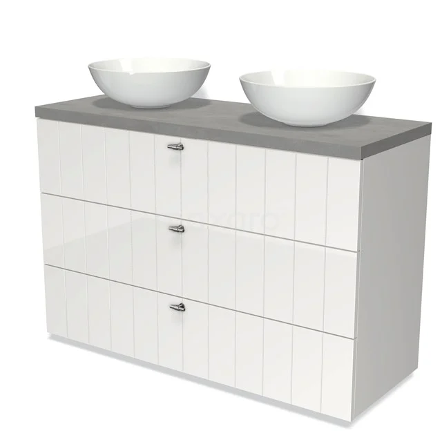 Modulo Plato Vanity units for countertop basin | 120 cm High-gloss white Slat front Light grey concrete worktop 3 drawers BMK19-01007 White double basin vanity unit with wood-look worktop and bowl-shaped sinks, ideal for a modern bathroom.