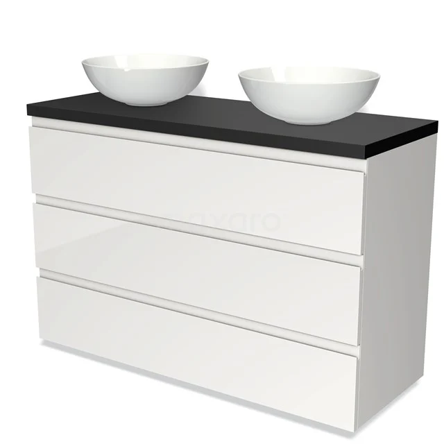 Witte badkamermeubelset met twee ronde wastafels, een zwart blad en drie lades; modern design, ideaal voor een stijlvolle badkamer.