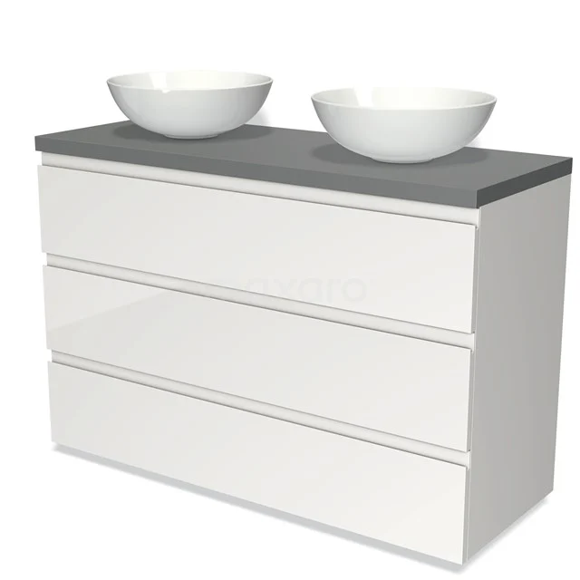 Weißes Badmöbel mit drei Schubladen, graue Platte und zwei runden Waschbecken; modernes Design für stilvolle Badezimmerlagerung.