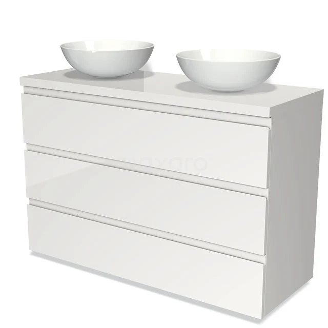 Weißes Badezimmermöbel mit doppeltem Aufsatzwaschbecken, minimalistisches Design, drei geräumige Schubladen und einer glänzenden Oberfläche.