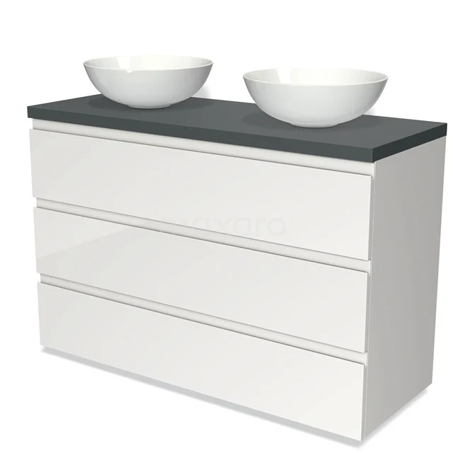 White Bathroom unit with black top and double round basin, modern design, ideal for stylish bathrooms.