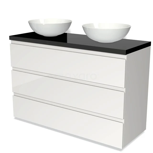 Weißes schwebendes Badmöbel mit glänzender Schwarz Platte und doppelten runden Waschbecken, modernes Design.