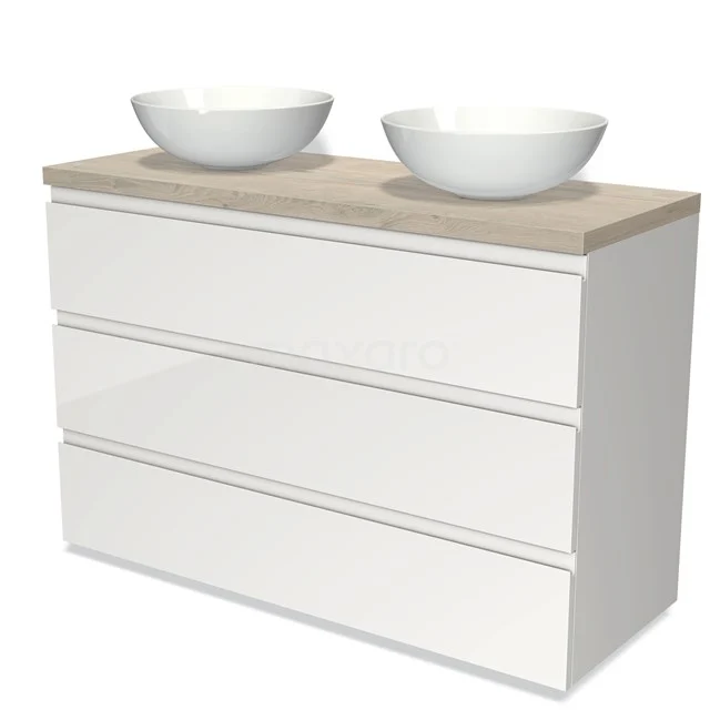 Weiße Badmöbelset mit Holzlook Platte, doppelten Aufsatzwaschbecken und Softclose Schubladen für ein stilvolles und funktionales Badezimmer.
