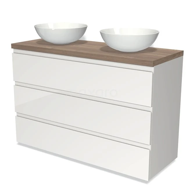 Weiße Badmöbelset mit Holzplatte, Doppelwaschbecken und modernem Design. Perfekt für moderne Badezimmerinrichtungen.