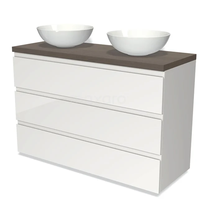 Modulo Plato Badmöbel mit Aufsatzwaschbecken | 120 cm Hochglanz Weiß Grifflos front Dunkelbraune Eiche blatt 3 Schubladen BMK19-01019 Weißes Badezimmermöbel mit doppelten Aufsatzwaschbecken, Holzlook Platte und grifflosen Schubladen, modernes Design für ein stilvolles Badezimmer.