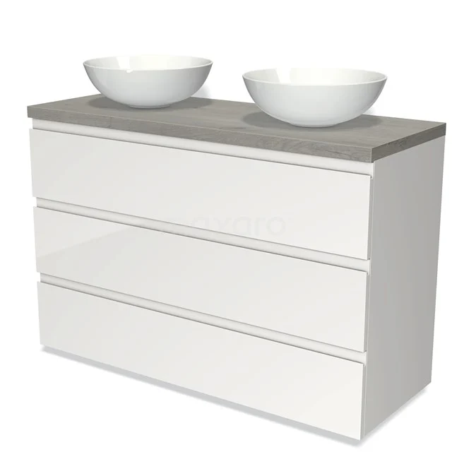 Weißes Badezimmermöbel mit Betonplatte, zwei runden Aufsatzwaschbecken und drei Schubladen, ideal für moderne Bäder.