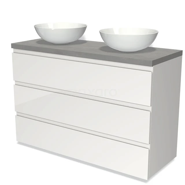 Weißes Badmöbel mit Betonlook Platte, zwei runden Waschbecken und drei grifflosen Schubladen für stilvollen und praktischen Stauraum.