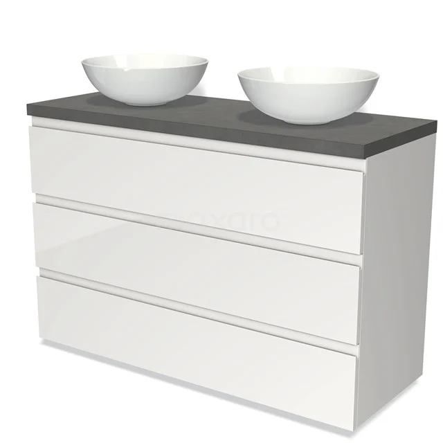 Weißes Badmöbel mit zwei runden Waschbecken, Dunkelgrau Platte und drei Schubladen; modernes Design für Stauraum im Badezimmer.