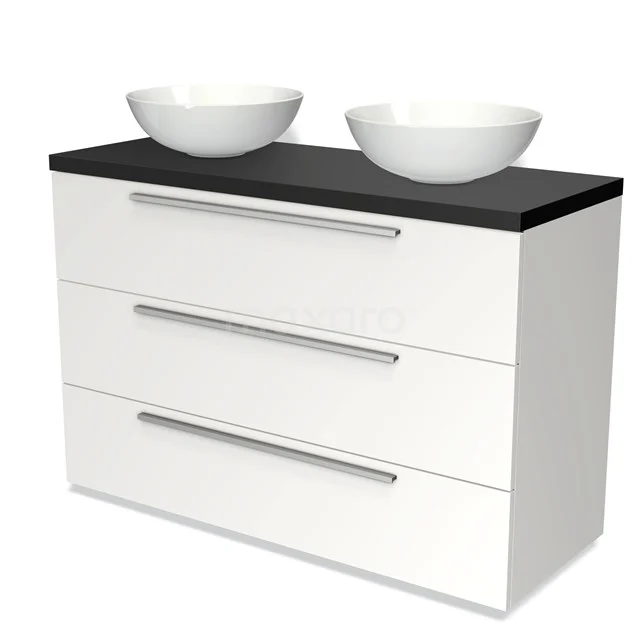 White bathroom unit with three drawers, black top and two round countertop wash basins, modern design made of durable materials.