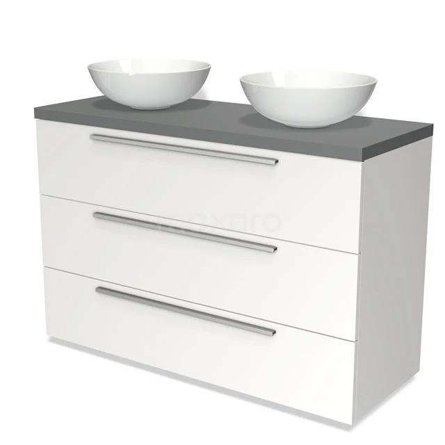 White bathroom furniture set with grey worktop, three drawers and two countertop wash basins, ideal for modern bathroom design.
