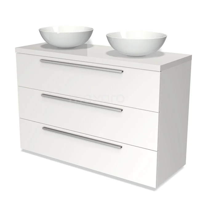 Badmöbel für Waschtischunterschrank mit Konsole 120cm Modulo Plato Matt Weiß 3 Schubladen Flach Hochglanz Weiß Platte BMK19-01025 Weiße Badmöbel mit Doppelwaschbecken, drei Schubladen und eleganten Metallhaltegriffen; modernes Design für stilvolle Bäder.