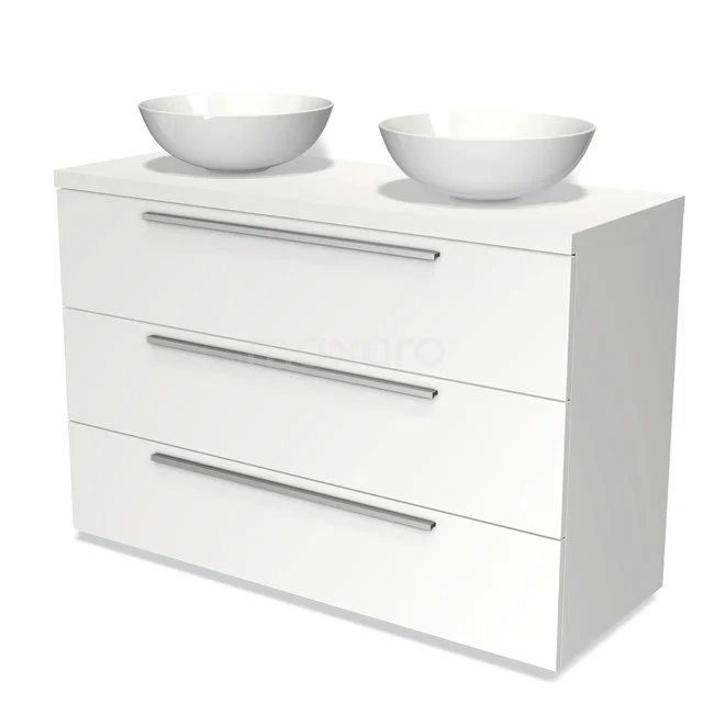 Weiße Badmöbelset mit doppelten Aufsatzwaschbecken und drei breiten Schubladen, schlichtes Design und metallene Haltegriffe.