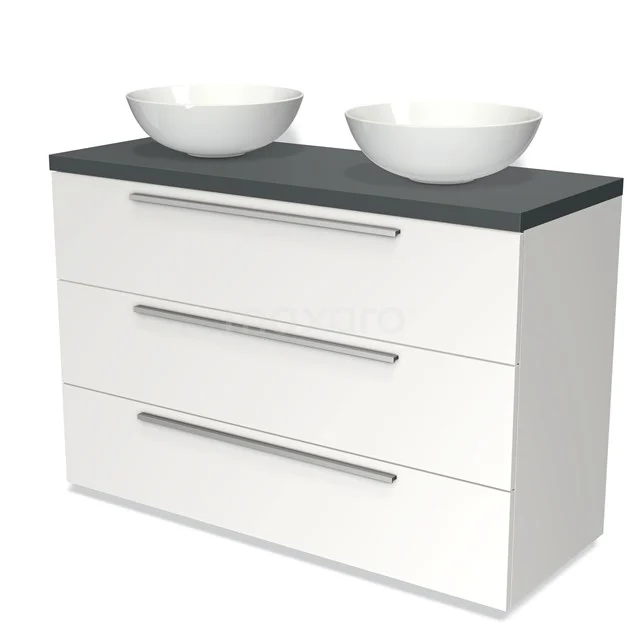 Weiße Badmöbelset mit anthrazit Platte, doppelten Aufsatzwaschbecken und drei Schubladen, ideal als moderne Stauraum im Badezimmer.