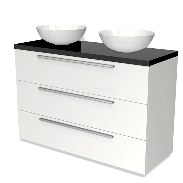 White bathroom unit with black vanity units with basin and two round white wash basins, modern design with three drawers and chrome handles.