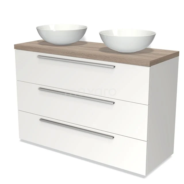 Weißes Badezimmermöbel mit drei Schubladen, hölzerner Platte und doppelten Aufsatzwaschbecken, modernes Design.