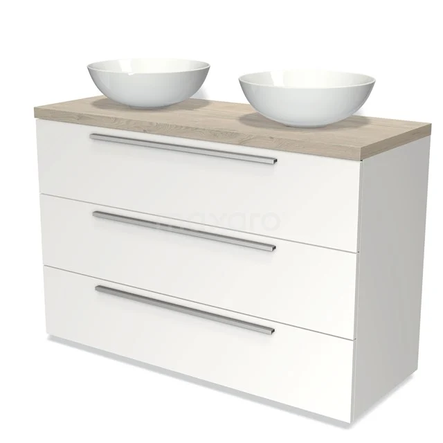 White bathroom unit with wooden worktop, double basin bowls and three drawers with metal handles, modern and spacious design.
