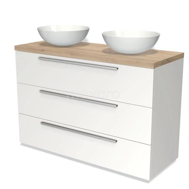 White bathroom unit with wooden worktop, three drawers and double countertop basins, modern design suitable for any bathroom.
