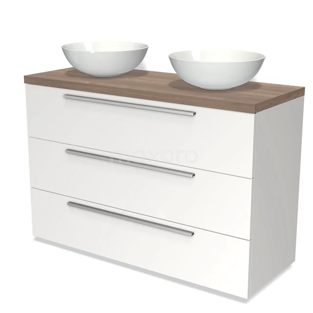 White bathroom furniture set with wooden worktop, double white countertop wash basins and three drawers with chrome handles, sleek and modern design.