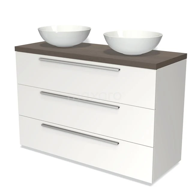 Modulo Plato Badmöbel mit Aufsatzwaschbecken | 120 cm Matt Weiß Flach front Dunkelbraune Eiche blatt 3 Schubladen BMK19-01033 Weiße Badmöbelset mit dunkler Holzplatte, doppeltem Aufsatzwaschbecken und drei Schubladen, modernes Design.