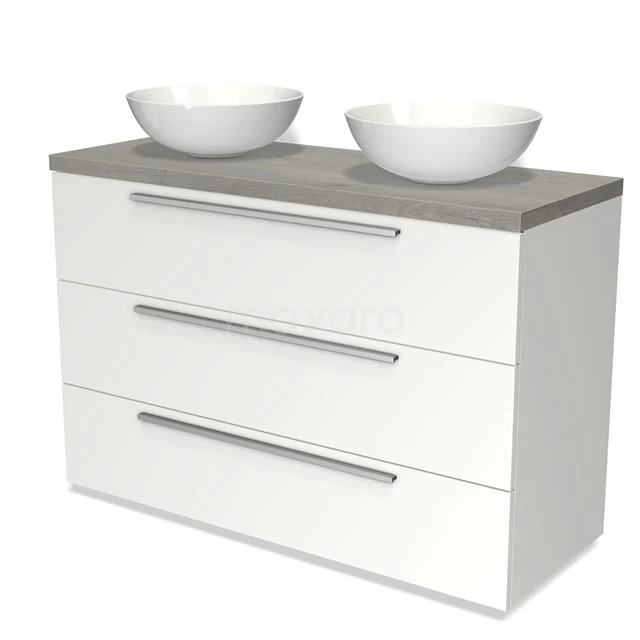 White Bathroom unit with three drawers, wooden worktop and two round basins; clean design, ideal for modern bathrooms.