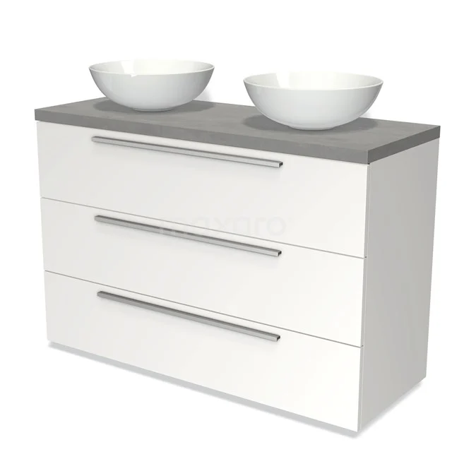 White bathroom unit with grey top, three drawers and double white countertop wash basins, modern design for stylish bathrooms.