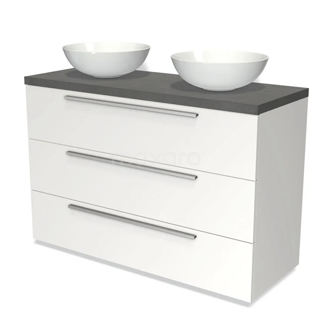 White bathroom cabinet with 3 drawers, natural stone worktop and double countertop wash basins, modern design for stylish bathroom design.