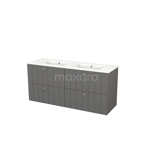 Grey double basin furniture set with white ceramic basin, vertical panel doors, ideal for a modern bathroom.
