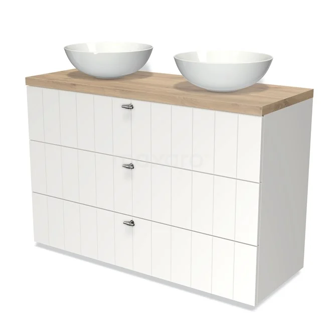 White wooden bathroom unit with three drawers, oak worktop and two round countertop wash basins, ideal for a modern bathroom.
