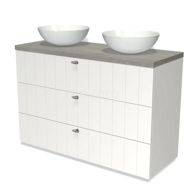 Modulo Plato Vanity units for countertop basin | 120 cm Matte white Slat front Grey oak worktop 3 drawers BMK19-01048 White bathroom unit with wooden worktop, double countertop wash basins and three handleless drawers; stylish bathroom design with modern finish.