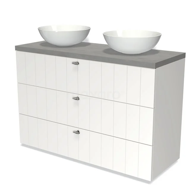 White bathroom unit with three drawers, grey worktop and two modern ceramic top washbasins, perfect for a stylish bathroom.