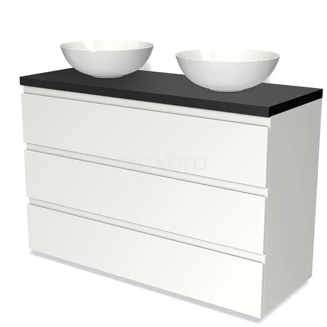 Modulo Plato Vanity units for countertop basin | 120 cm Matte white Handle-less front Matte black worktop 3 drawers BMK19-01051
