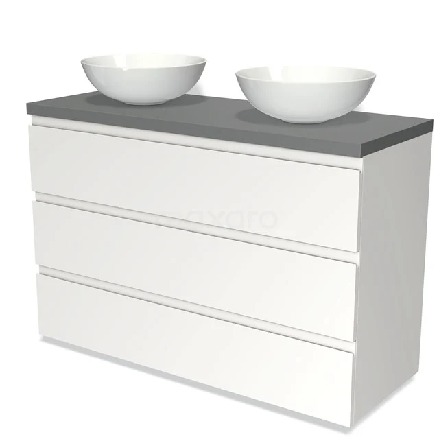 White bathroom unit with concrete-look worktop, double bowls with basin; sleek design, three drawers for optimal storage space.