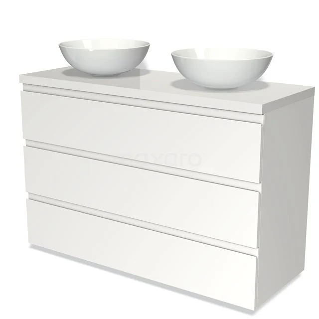 Modulo Plato Badmöbel mit Aufsatzwaschbecken | 120 cm Matt Weiß Grifflos front Hochglanz Weiß blatt 3 Schubladen BMK19-01053 Weiße Badmöbelset mit Doppelwaschbecken, modernes Design, hergestellt aus hochwertigem MDF, ideal für ein modernes Badezimmer.