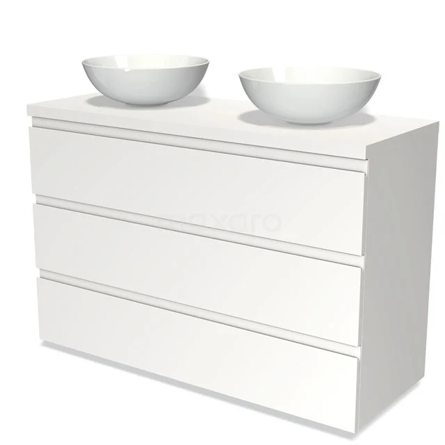 Weiße Doppelwaschbeckenmöbelset mit keramischen Aufsatzwaschbecken, schlichten Schubladen und modernem Design, perfekt für jedes Badezimmer.