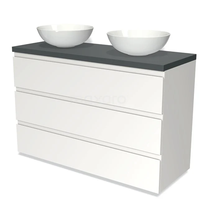 Weißes Badezimmermöbel mit schwarzer Platte und Doppelwaschbecken, schlankes Design, ideal für moderne Bäder.