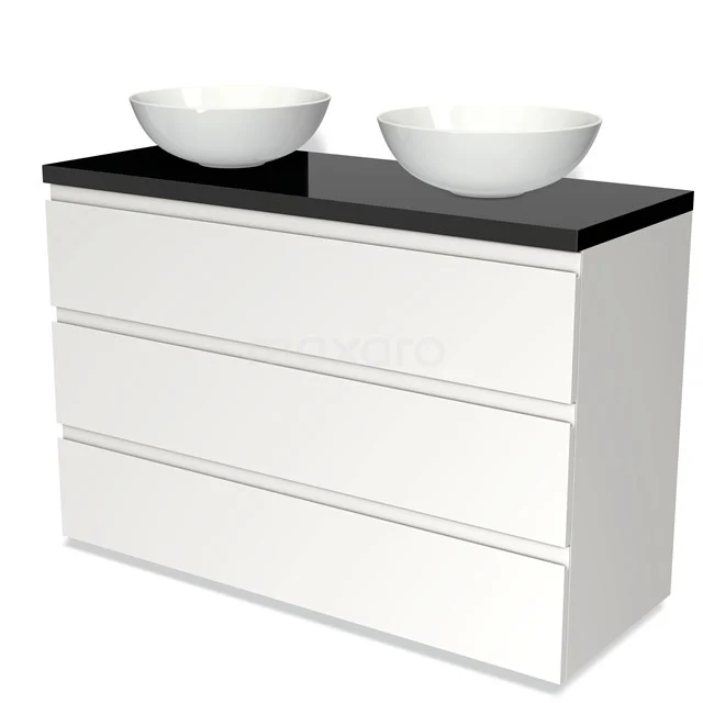 Weiße Badmöbelset mit schwarzer Oberplatte und doppelten runden Aufsatzwaschbecken, modernes Design, ideal für stilvolle Bäder.