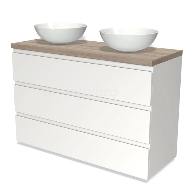 Badmöbel für Waschtischunterschrank mit Konsole 120cm Modulo Plato Matt Weiß 3 Schubladen Grifflose Platte aus Eiche BMK19-01057 Weißes Holz-Badmöbel mit zwei runden Waschbecken und einer Eichenplatte, moderner Stil.