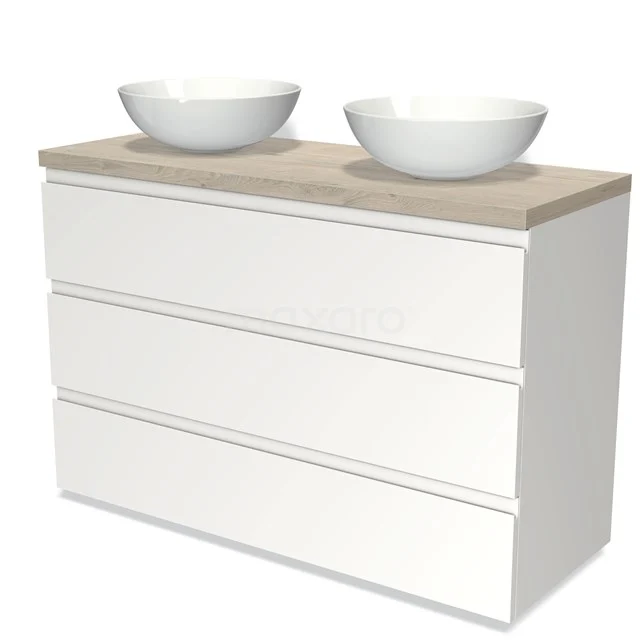 Badmöbel für Aufsatzwaschbecken 120cm Modulo Plato Matt Weiß 3 Schubladen Grifflos hellgraue Eiche Platte BMK19-01058 Weißes Holz-Badmöbel mit doppeltem Aufsatzwaschbecken, modernes Design und helle Holzoberfläche, perfekt für stilvolle Bäder.