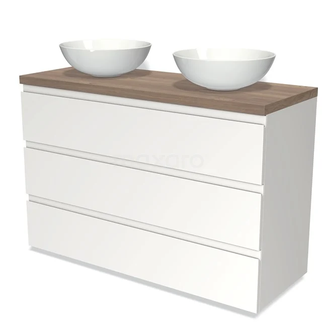 Weißes Badezimmermöbel mit Holzlook Platte und doppelten Aufsatzwaschbecken, schlichtes Design und moderne Ausstrahlung.