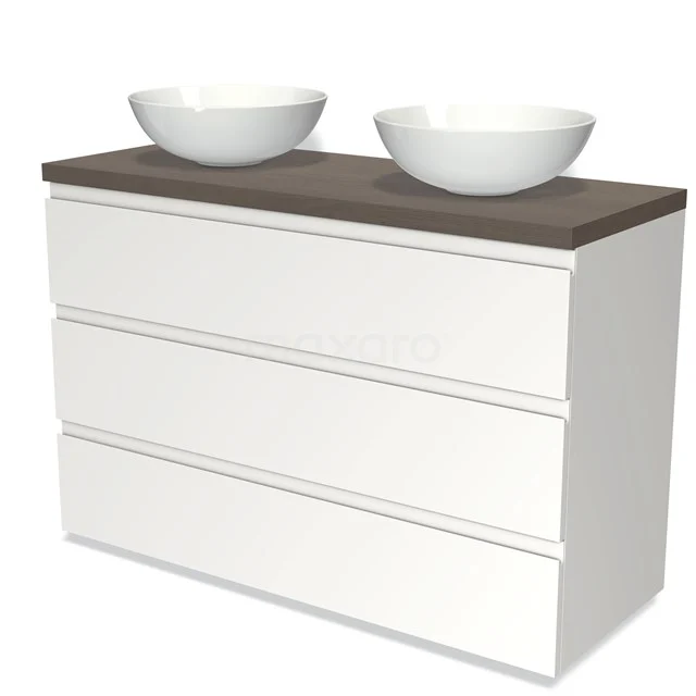 Weißes Badezimmermöbel mit Holzplatte und zwei Aufsatzwaschbecken, modernes Design, ideal für stilvolle Badezimmergestaltung.