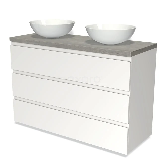 Weißes Badmöbel mit Betongrau Platte, drei Schubladen und zwei runden Waschbecken, perfekt für einen modernen Badezimmerstil.