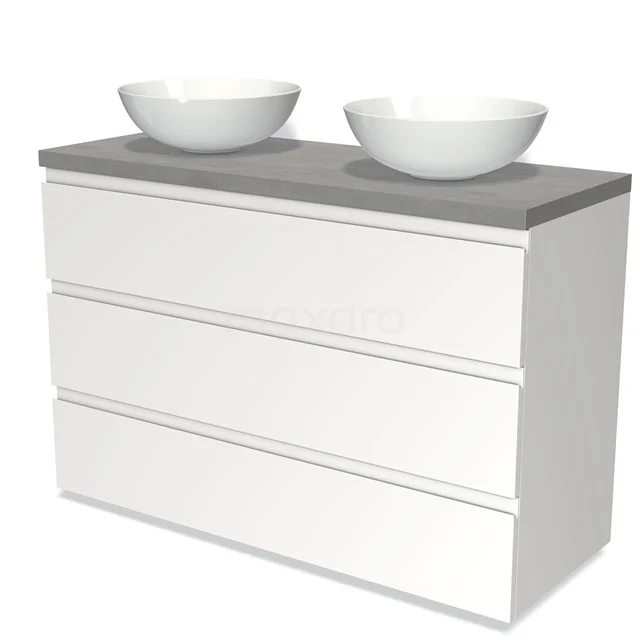 Weißes Badezimmermöbel mit grauer Holzplatte und zwei runden Waschbecken, moderne Ausstrahlung, ideal für ein stilvolles Badezimmer.