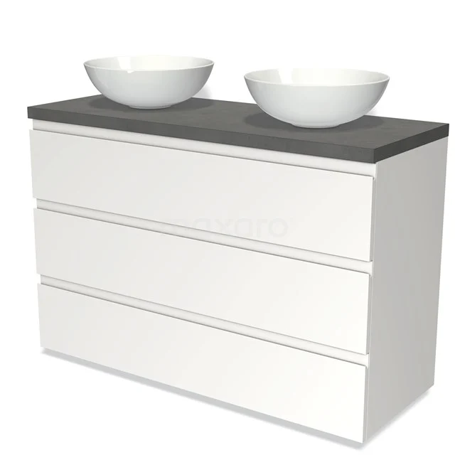Weißes Badezimmermöbel mit Betonplatte, doppelten Aufsatzwaschbecken und Softclose-Schubladen, ideal für ein modernes Badezimmer.
