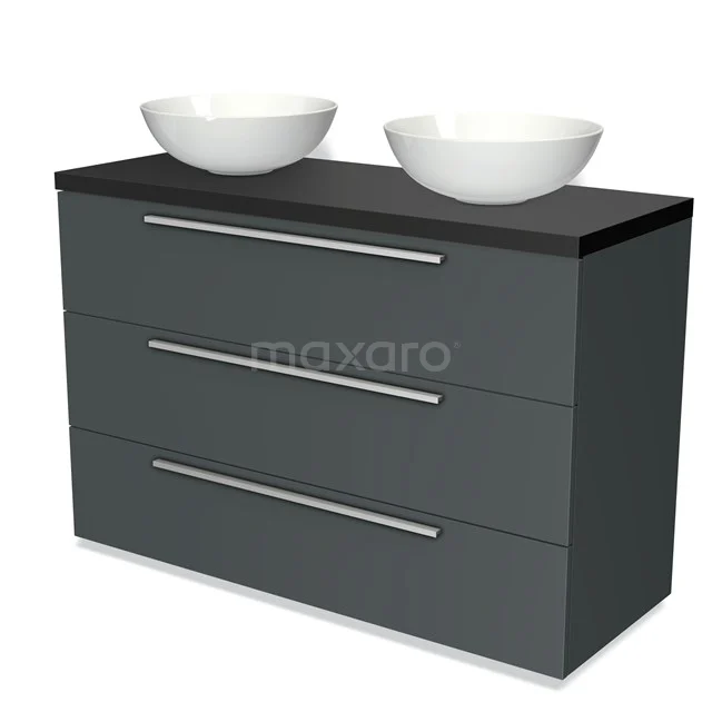 Grijze badkamermeubelset met zwart blad, metalen handgrepen en twee witte wastafels, ideaal voor moderne badkamers.