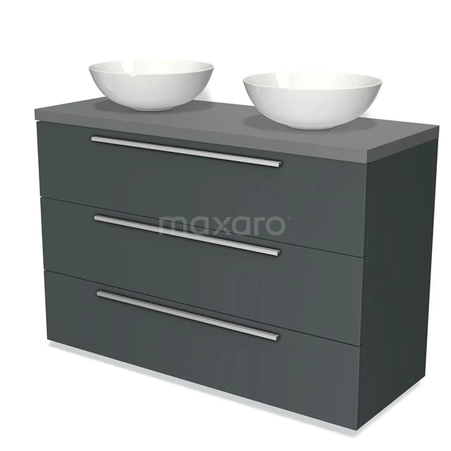 Donkergrijs badkamermeubel met drie lades en twee witte opzetwaskommen, modern design, ideaal voor stijlvolle badkamers.