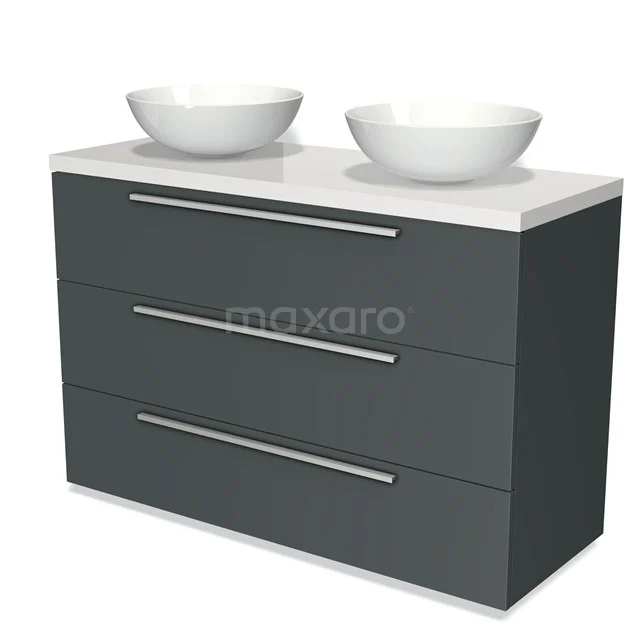 Grijs badkamermeubel met drie lades en twee witte waskommen, moderne afwerking, ideaal voor stijlvolle badkameropslag.