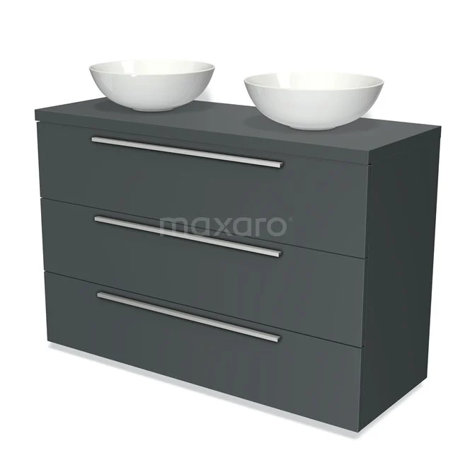 Dunkelgrauer Badschrank mit drei Schubladen und zwei weißen Aufsatzwaschbecken, schlichtes Design und metallene Haltegriffe.