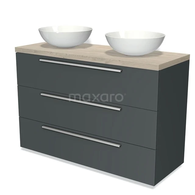Grijze badkamermeubelset met houten blad, dubbele witte waskommen, drie lades en strak design voor moderne badkamers.
